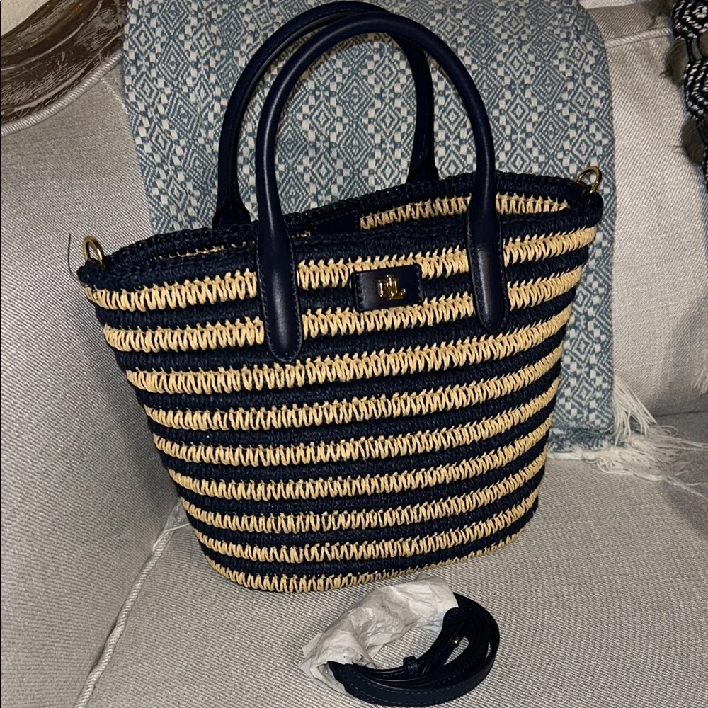 Lauren Ralph Lauren Striped Navy and Natural Woven Tote Bag - Picture 4 of 16